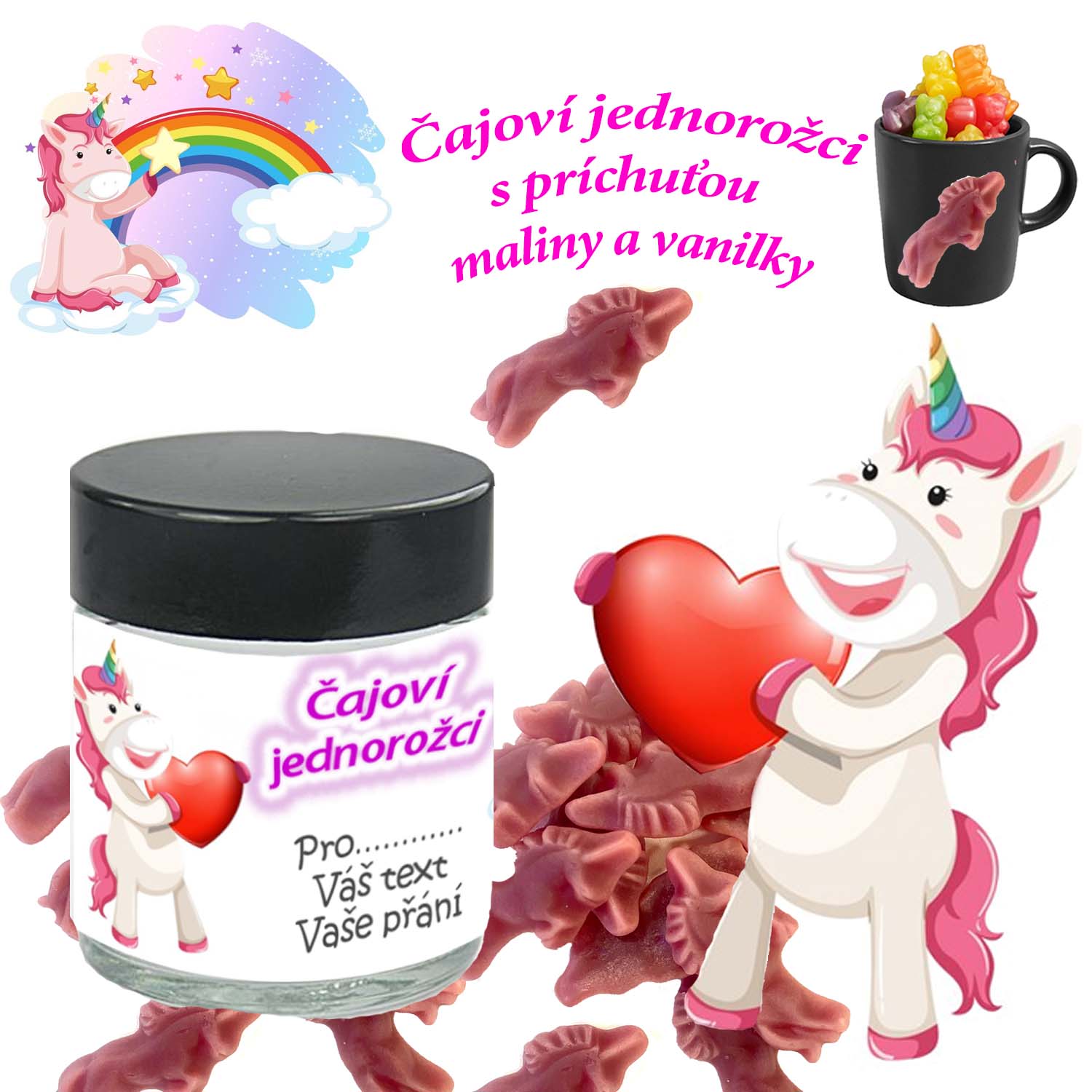Čajoví medvedíci v tvare jednorožcov - Váš text
